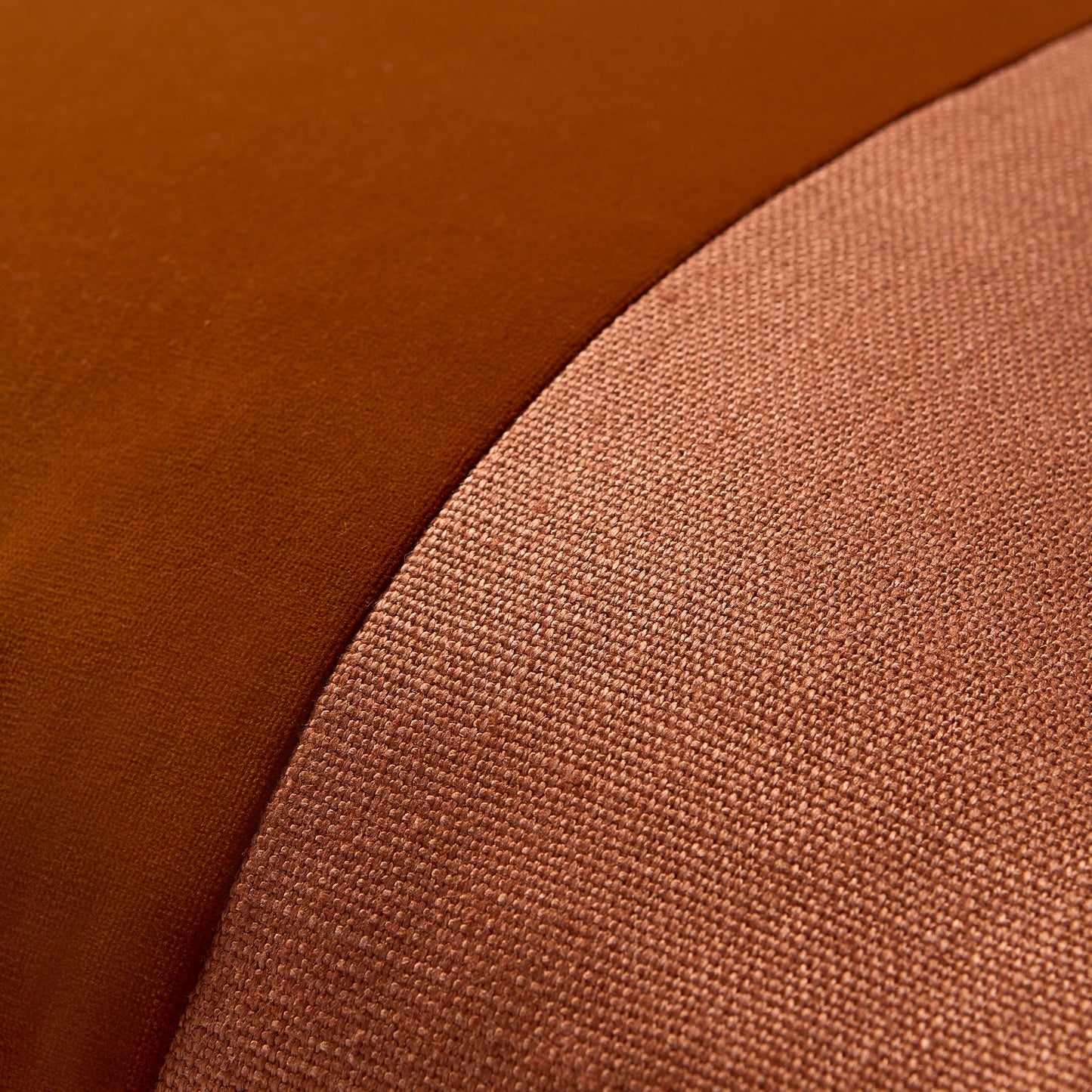 Rust orange tonal wide velvet stripe and linen pillow, 22" square.