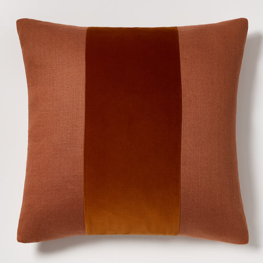 Rust orange 22" square linen and velvet stripe pillow with down feather insert.