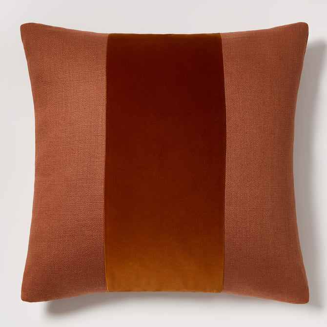 Rust orange 22" square linen and velvet stripe pillow with down feather insert.