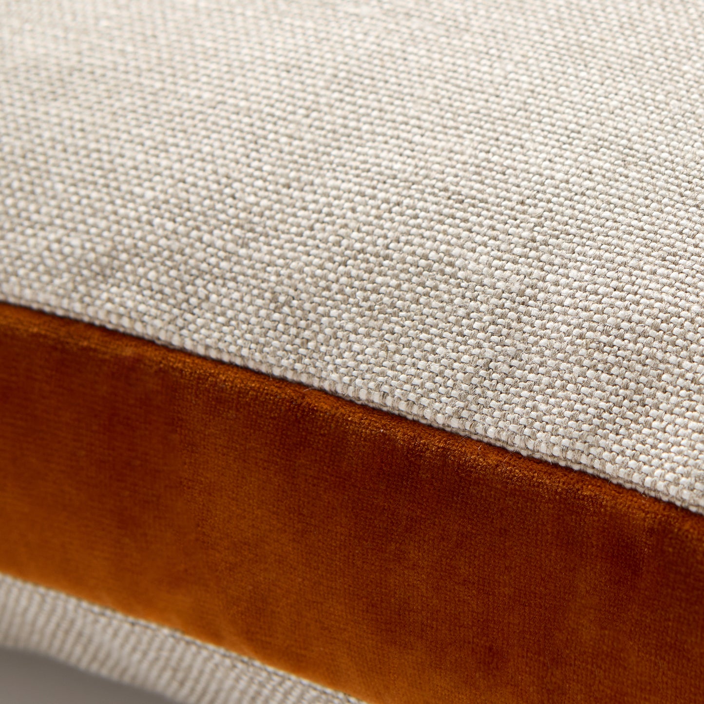 Rust orange velvet and flax linen 22" square pillow with gusset, custom for Hudson Grace.