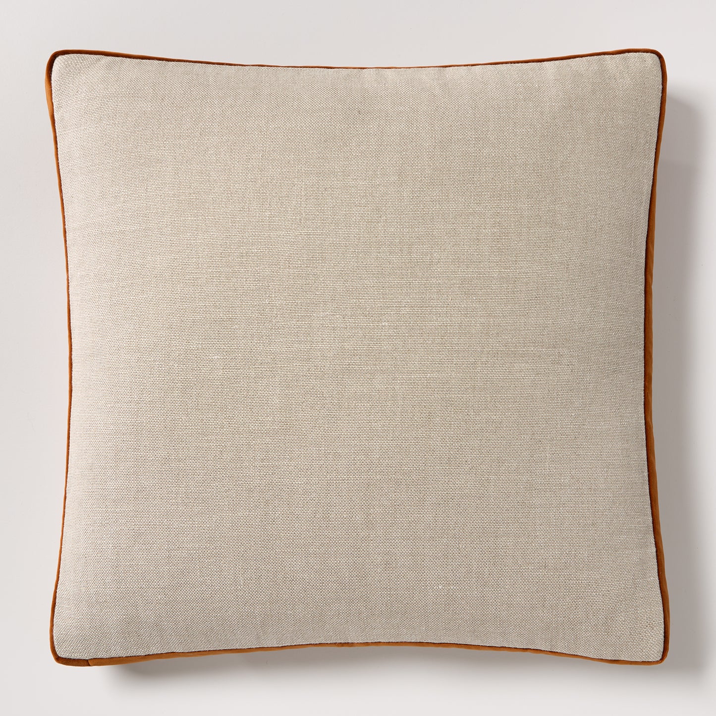 Hudson Grace 22" square pillow with flax linen front and rust orange velvet gusset.