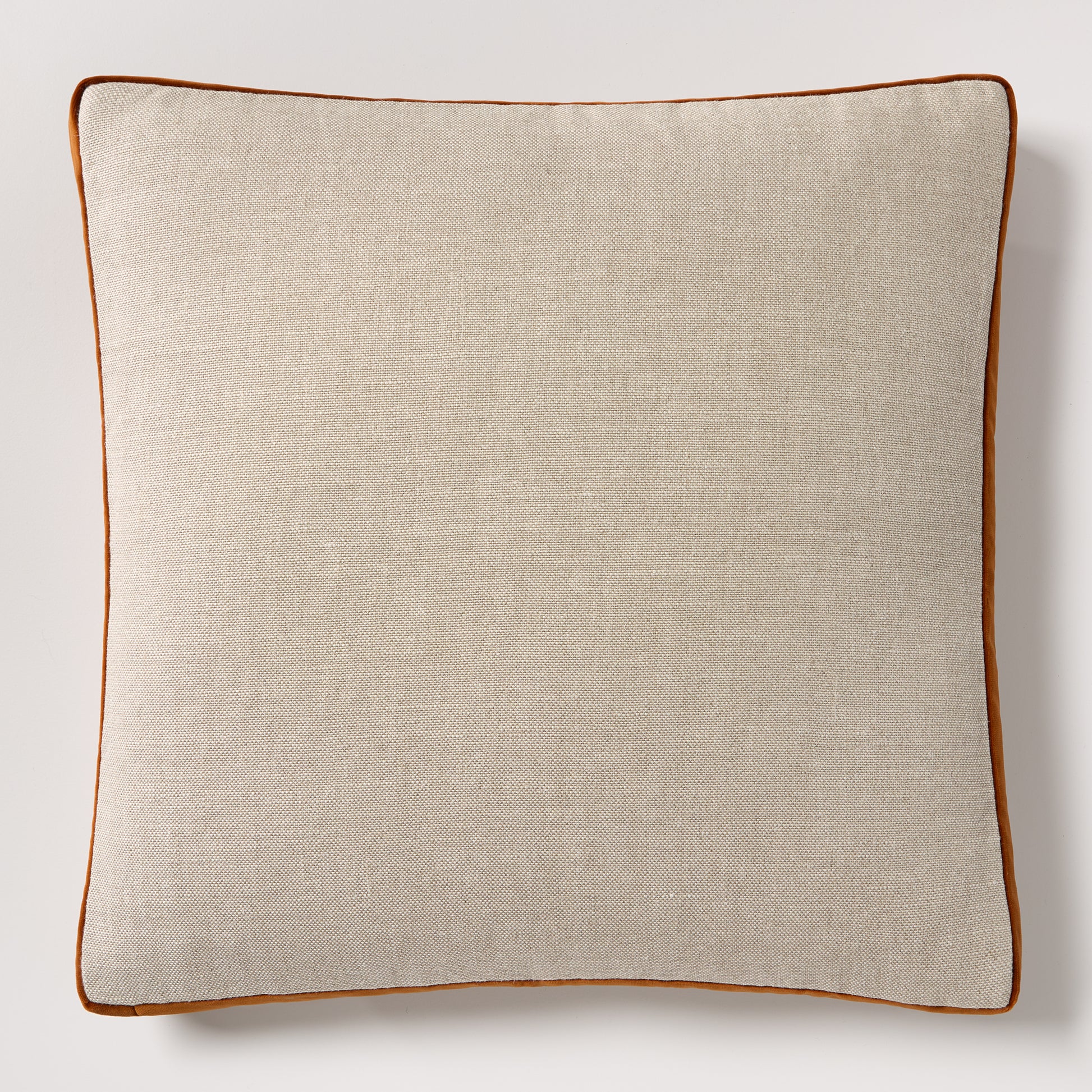 Hudson Grace 22" square pillow with flax linen front and rust orange velvet gusset.