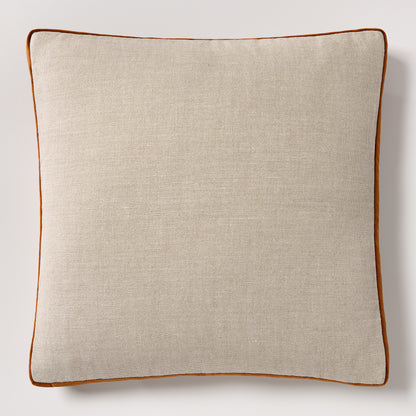 Hudson Grace 22" square pillow with flax linen front and rust orange velvet gusset.