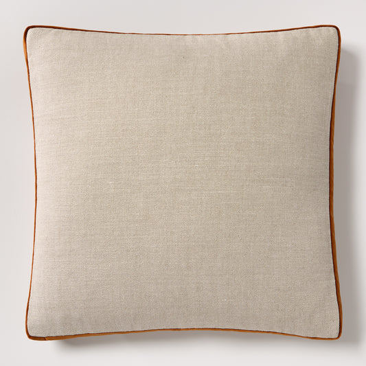 Hudson Grace 22" square pillow with flax linen front and rust orange velvet gusset.