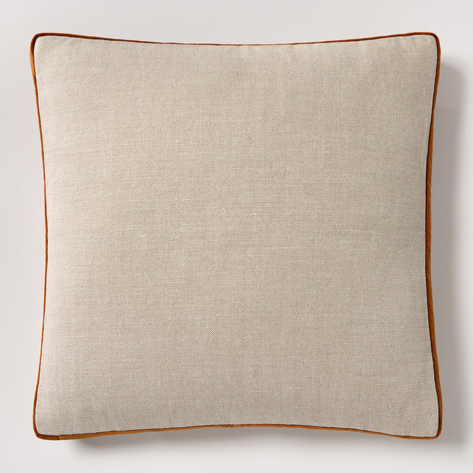 Hudson Grace 22" square pillow with flax linen front and rust orange velvet gusset.