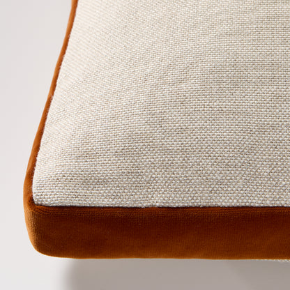 Rust orange velvet gusseted and flax linen lumbar pillow, 20"L x 14"H, with hidden zipper.