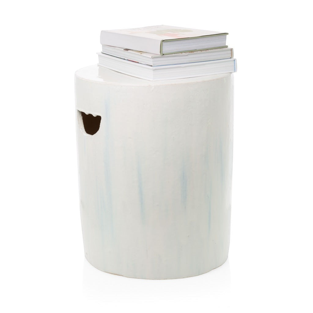 Rustic white ceramic cylinder garden stool with natural mineral ash glaze, 16.25"Dia x 20"H.