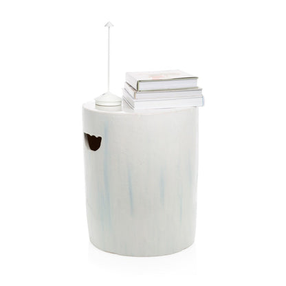 Rustic white ceramic cylinder garden stool, 16.25"Dia x 20"H, with a unique wood-fired finish.