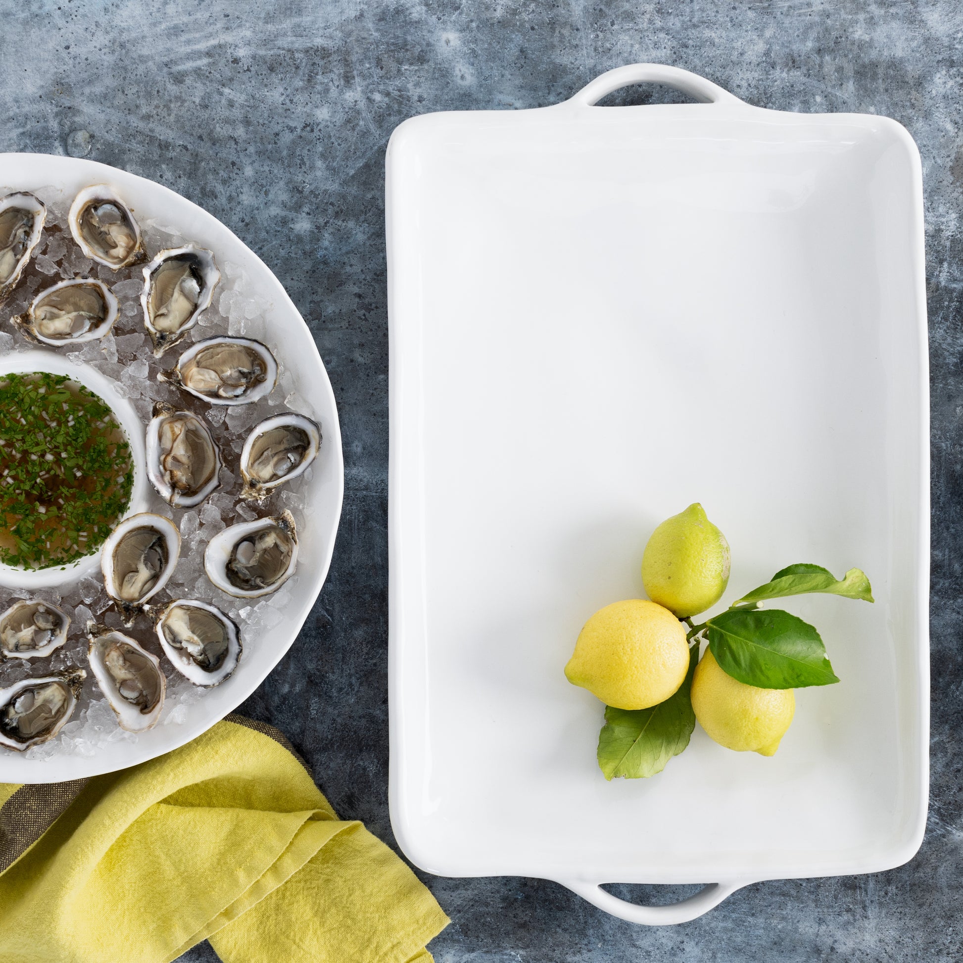 Rustico White Ceramic Handled Serving Platter, 20.5"L x 13"W, with lemons.