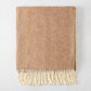 Saddle brown Italian herringbone throw blanket with decorative cream fringe, 51"W x 67"L.