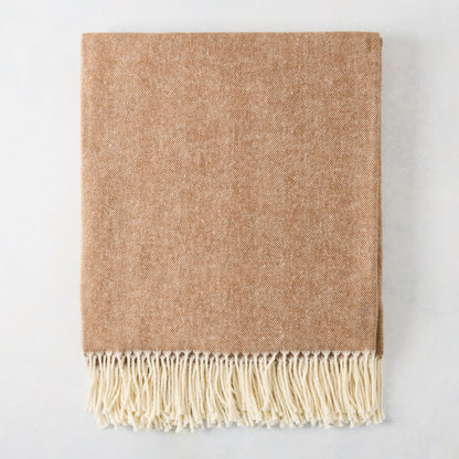Saddle brown Italian herringbone throw blanket with decorative cream fringe, 51"W x 67"L.