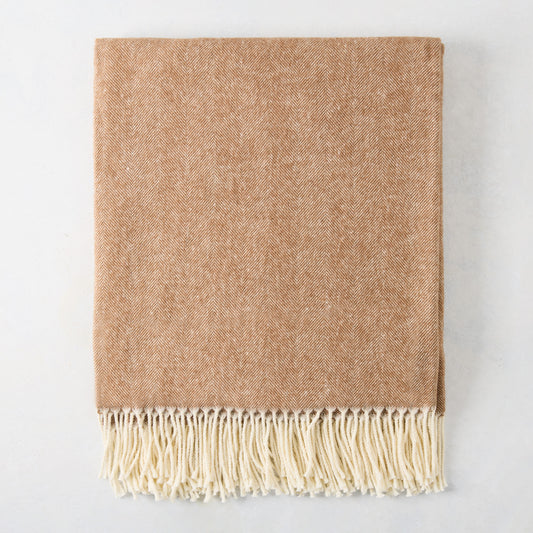 Saddle brown Italian herringbone throw blanket with decorative cream fringe, 51"W x 67"L.