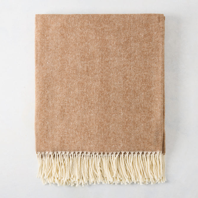 Saddle brown Italian herringbone throw blanket with decorative cream fringe, 51"W x 67"L.