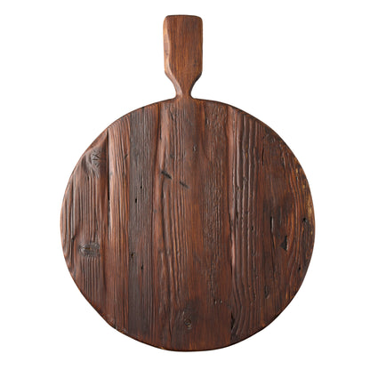 Saddle Wood Round Footed Serve Board with Handle, hand-carved European pine, dark brown, rustic.