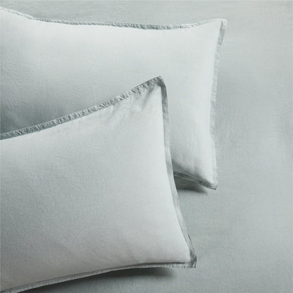 Two sage green washed linen pillow shams with a 2" flange and double-needle stitching.