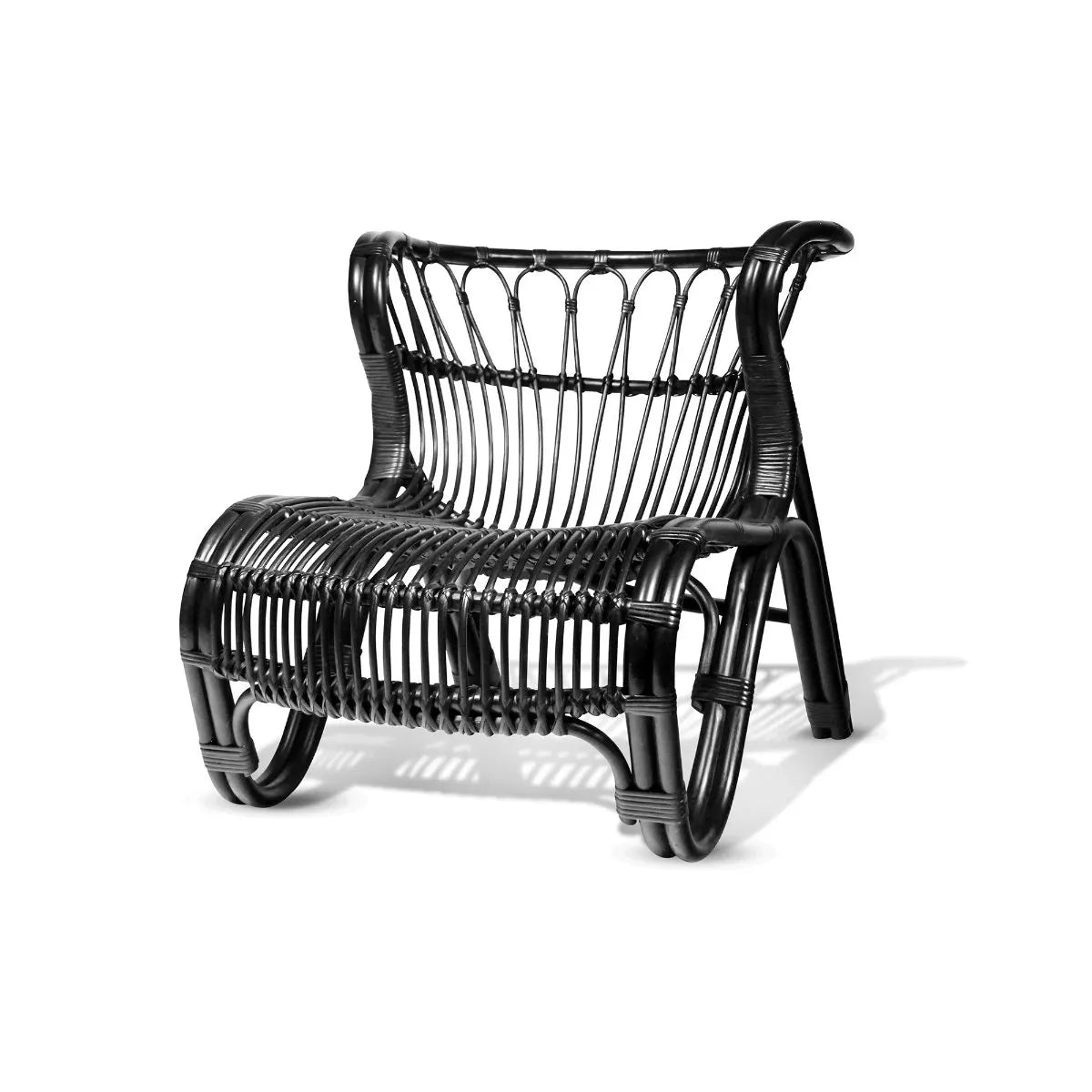 Saint Kitts Chair, black natural rattan with elegant curving silhouette and woven seat/back.