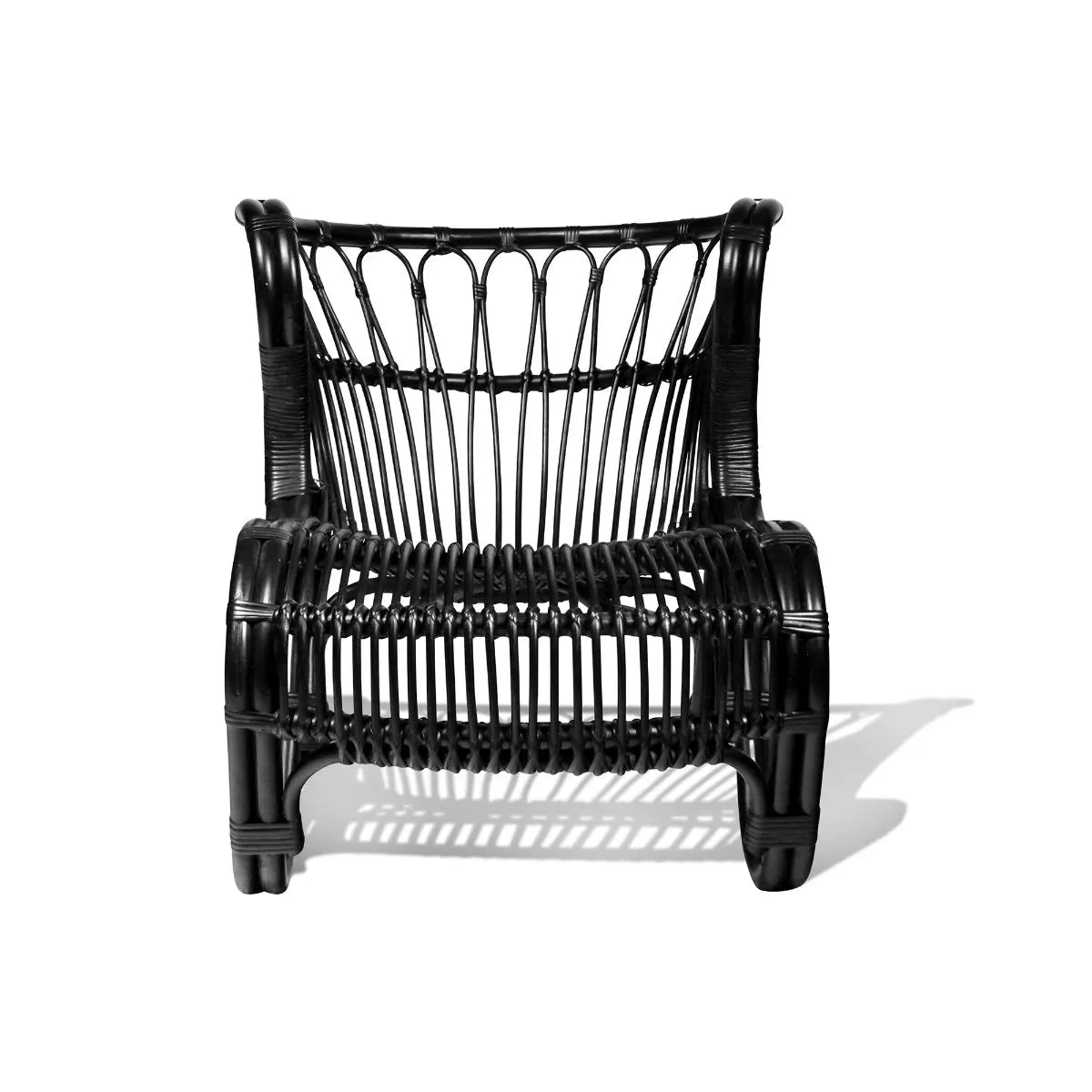 Saint Kitts Chair: Black natural rattan chair with elegant curving silhouette, woven seat and back.