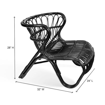 Black Saint Kitts Chair, natural rattan with elegant curving silhouette, woven seat and back. 28"H 32"W 24"L.