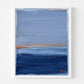 Santorini Sunset Art Print by Kerri Rosenthal, abstract blue and orange seascape in a white frame.