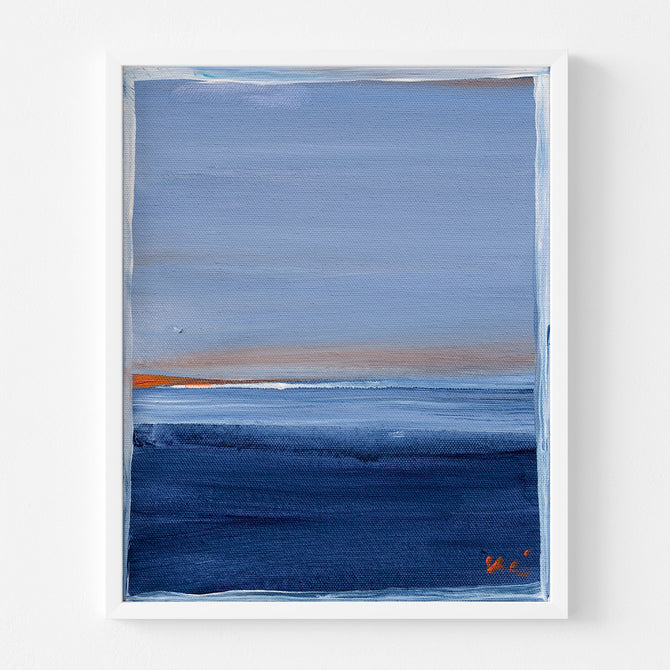 Santorini Sunset Art Print by Kerri Rosenthal, abstract blue and orange seascape in a white frame.