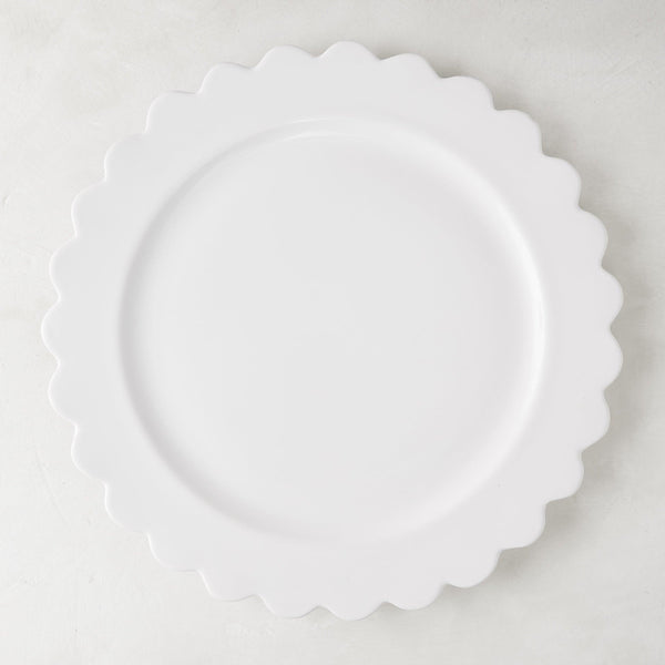 White ceramic scalloped dinner plate, 12" diameter, Italian-crafted.