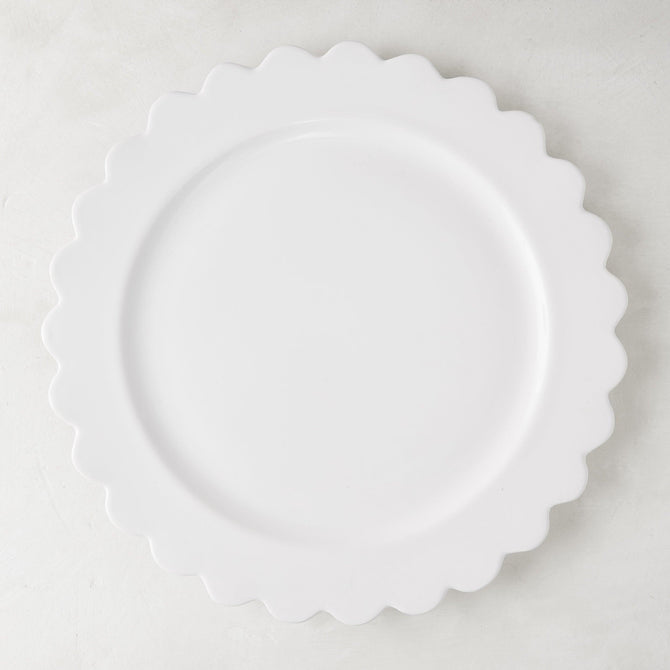 White ceramic scalloped dinner plate, 12" diameter, Italian-crafted.