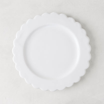 White ceramic scalloped salad plate, 8.75" diameter, on a light background.