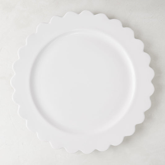White ceramic scalloped dinner plate, 12" diameter, Italian-crafted.