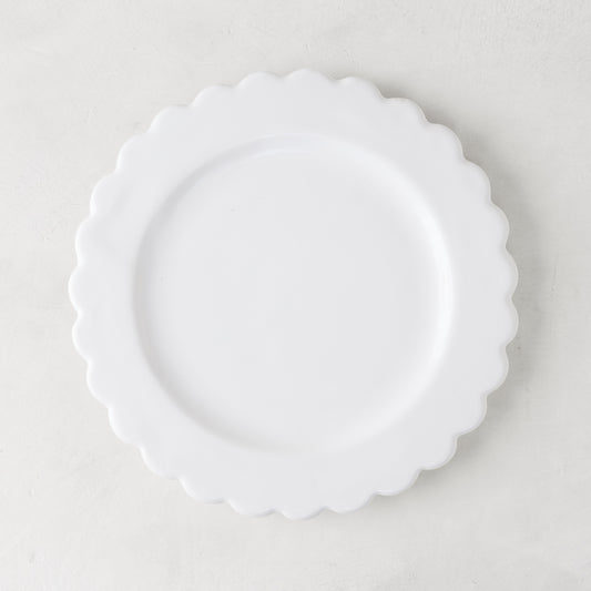 White ceramic scalloped salad plate, 8.75" diameter, on a light background.