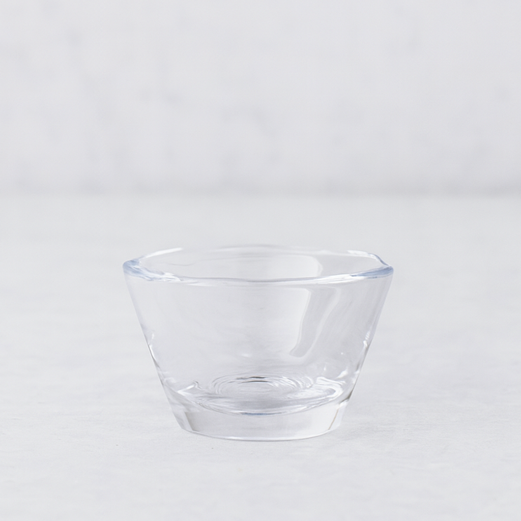 Clear, handmade Belgian glass breakfast bowl with a unique scissor-cut top, 5" Dia x 3"H.
