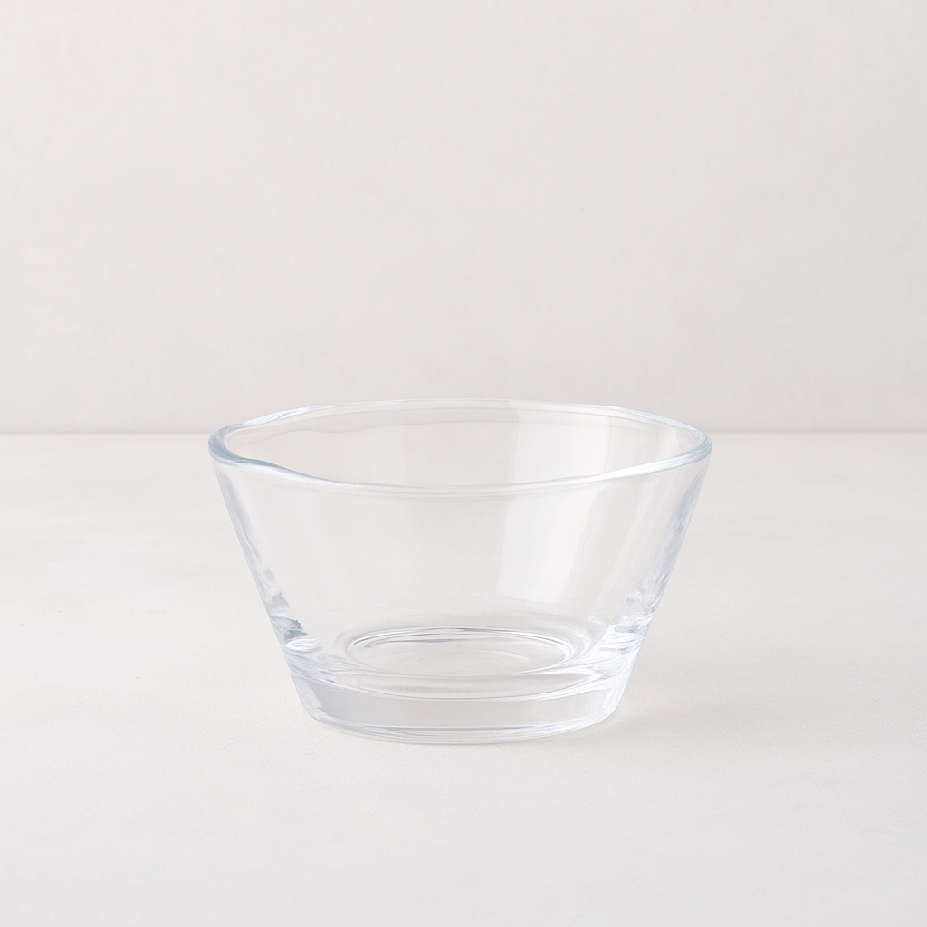 Clear glass breakfast bowl with a unique scissor-cut top, 5" Dia x 3"H.