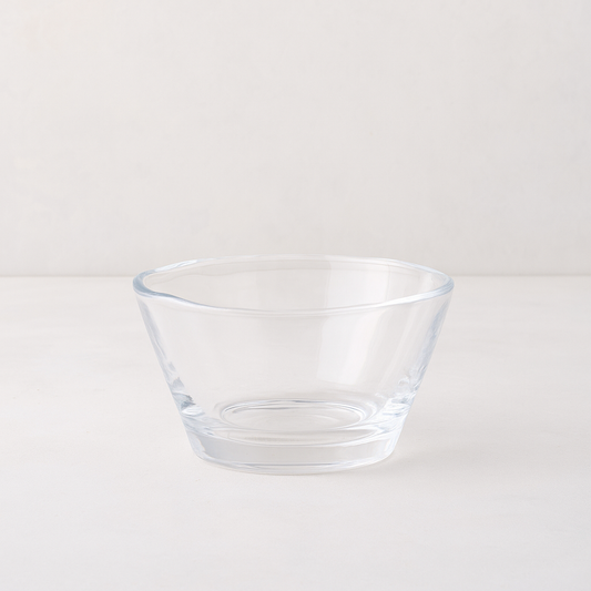 Clear glass breakfast bowl with a unique scissor-cut top, 5" Dia x 3"H.