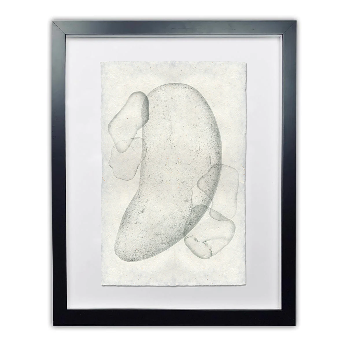 Sea Glass #5 abstract art print on textured handmade paper, framed in black.