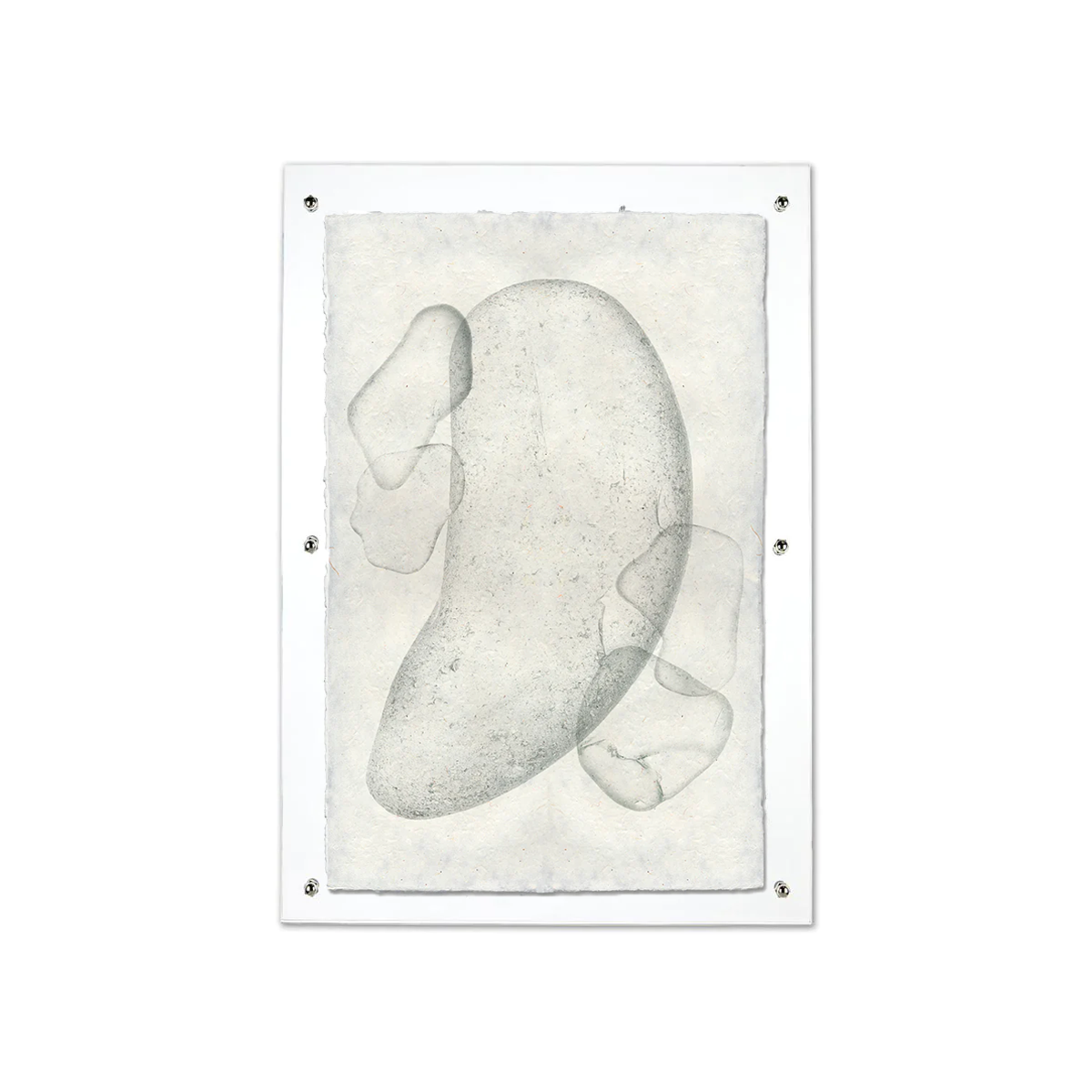Sea Glass #5 handmade paper wall art print, abstract grey shapes on textured white paper, clear frame.