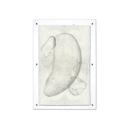 Sea Glass #5 handmade paper wall art print, abstract grey shapes on textured white paper, clear frame.