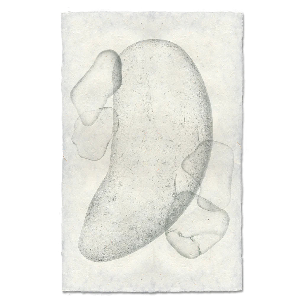 Sea Glass #5 handmade paper wall art print, abstract grey shapes on textured white Nepalese paper.