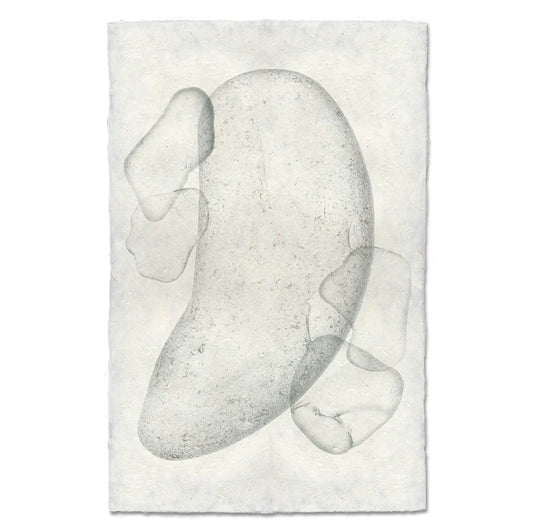 Sea Glass #5 handmade paper wall art print, abstract grey shapes on textured white Nepalese paper.