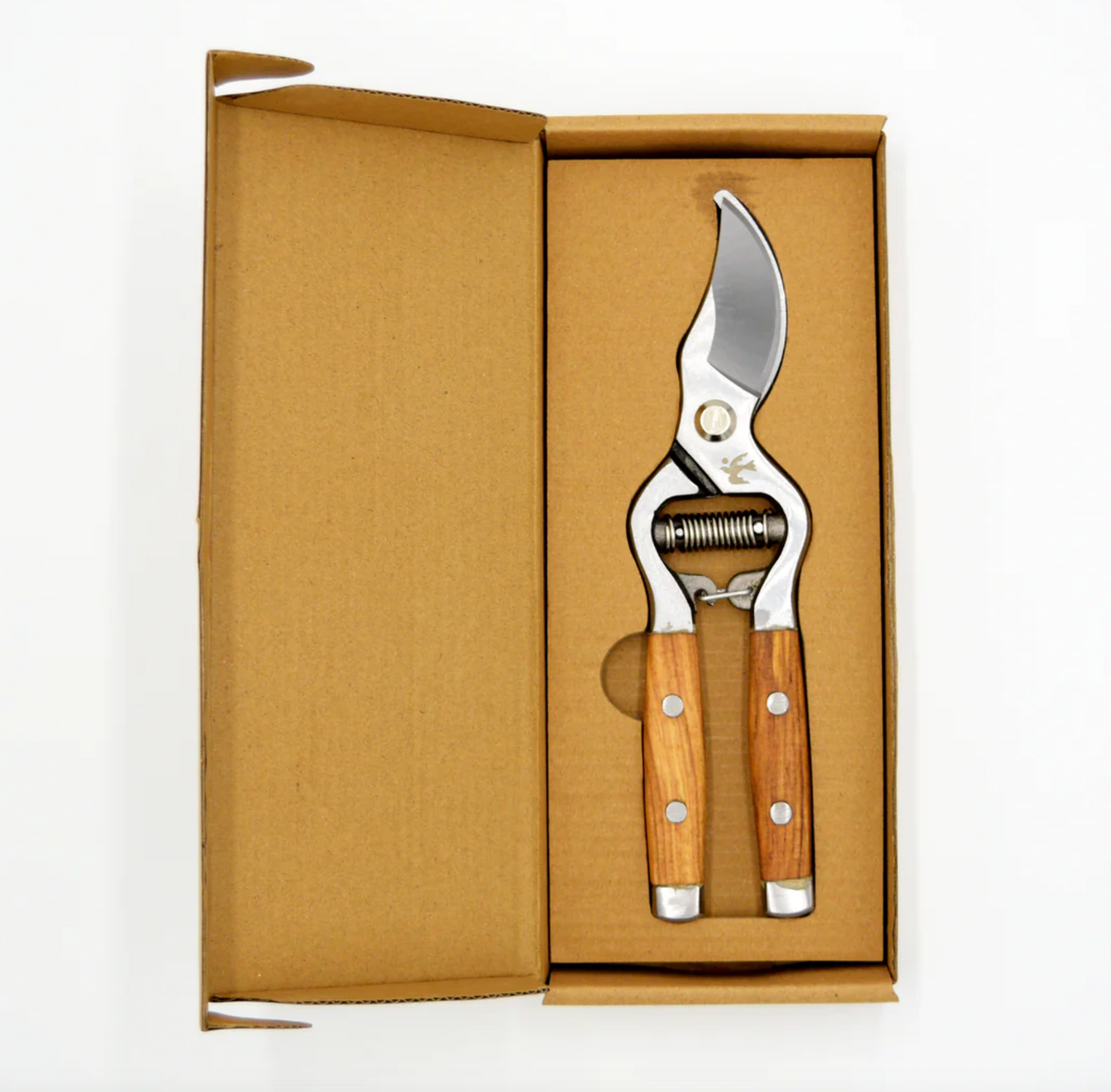 Secateurs with ash wood handles and drop-forged stainless steel blades in a brown cardboard box.
