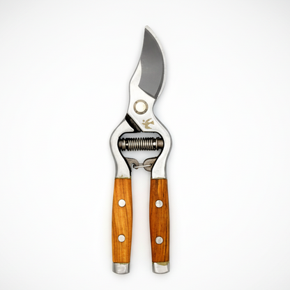 Secateurs with ash wood handles and drop-forged stainless steel blades, featuring a bird logo.