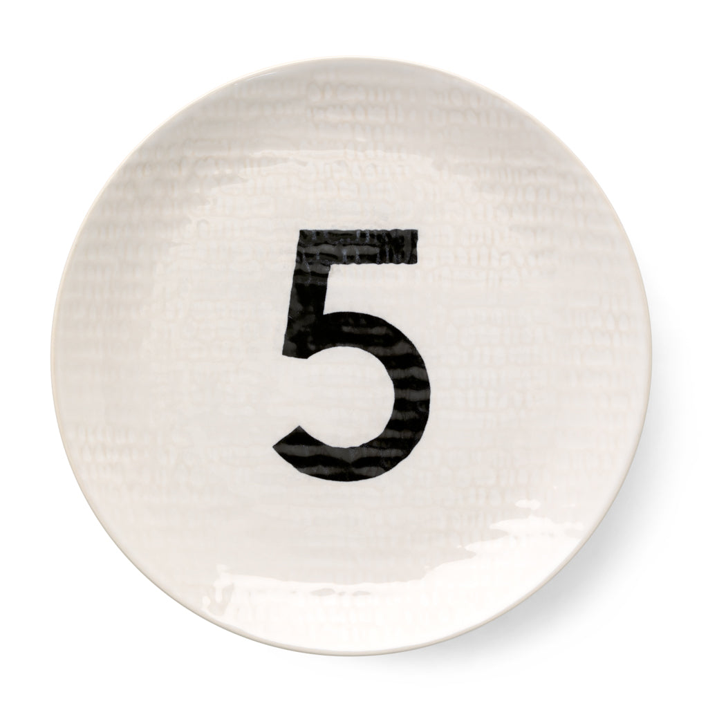 Cream ceramic salad plate with a hammered finish and a black number 5.