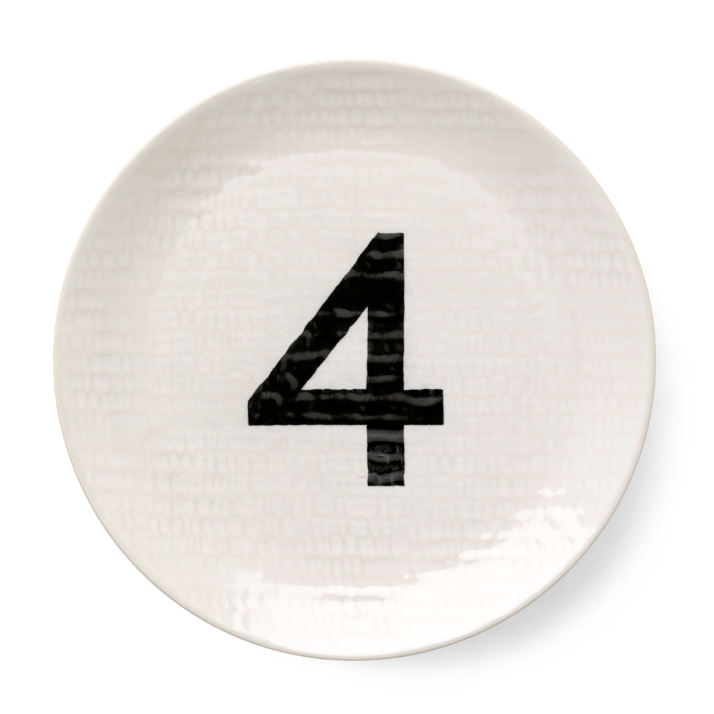 Cream ceramic salad plate with hammered finish and black number 4.