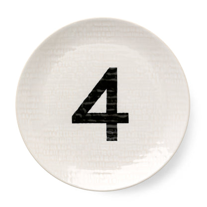 Cream ceramic salad plate with hammered finish and black number 4.