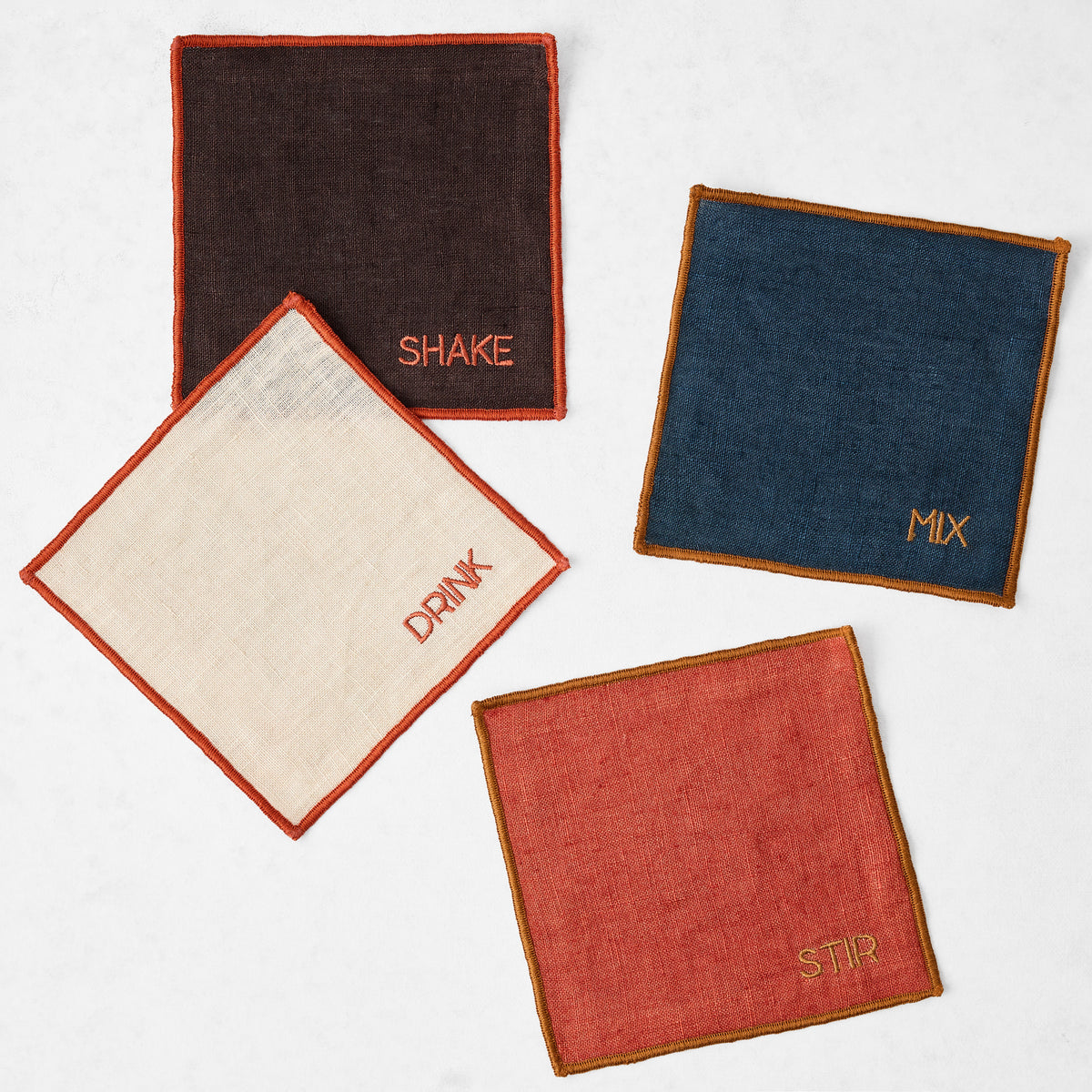 "Shake and Stir" Tipped Stitch Linen Coasters, Set of 4
