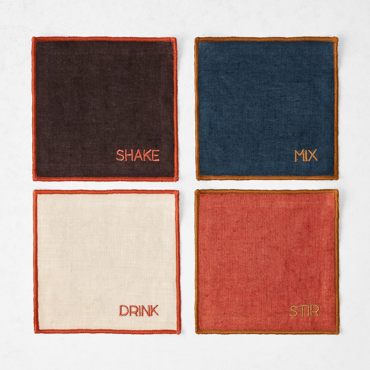 "Shake and Stir" Tipped Stitch Linen Coasters, Set of 4