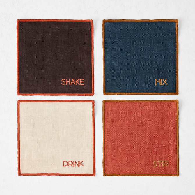 "Shake and Stir" Tipped Stitch Linen Coasters, Set of 4