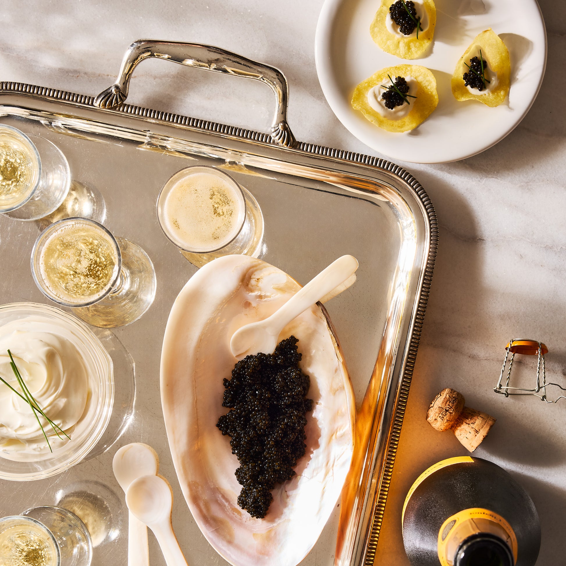Ethically-sourced shell caviar dish with black caviar, four Mother of Pearl spoons, champagne, and potato chips.