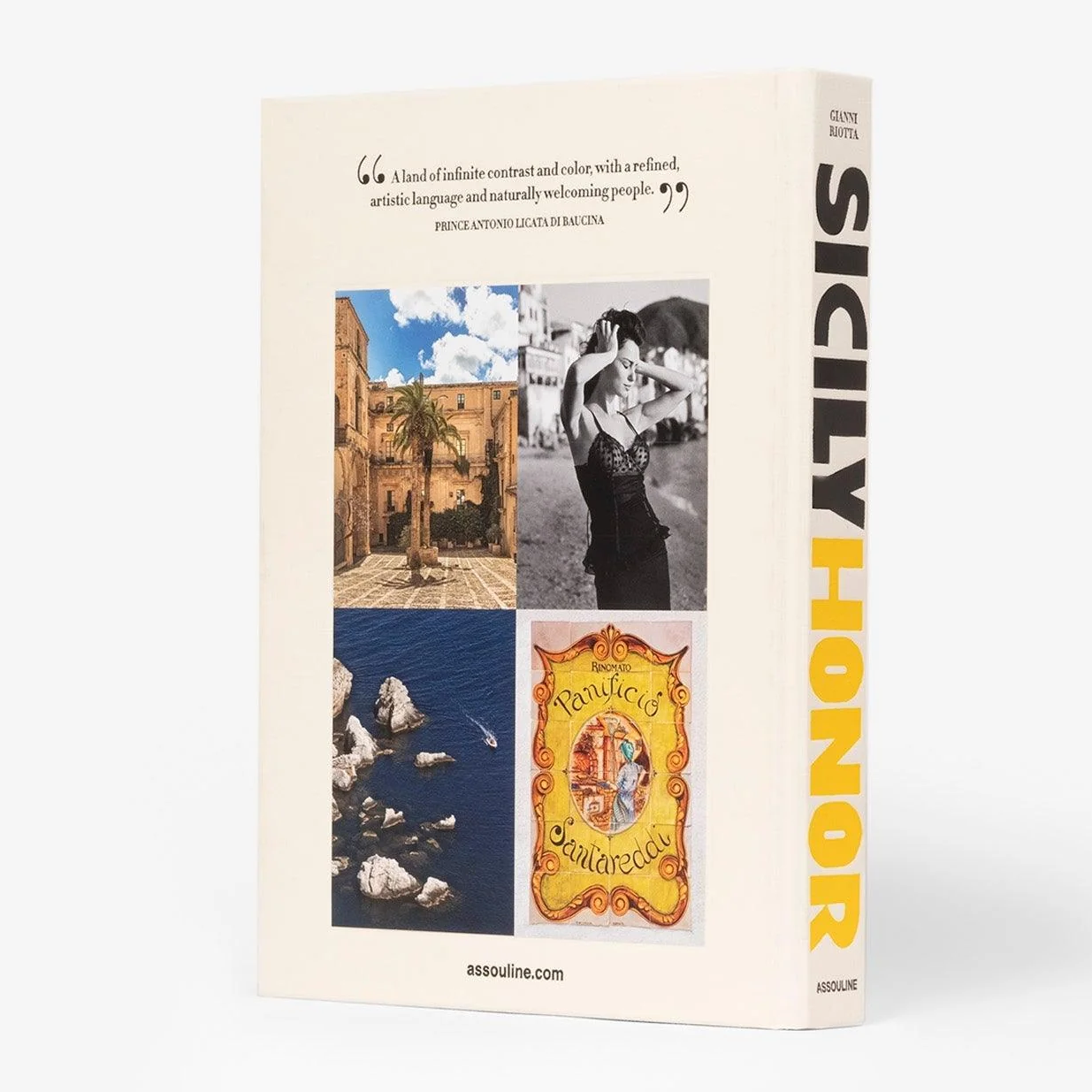 White linen hardcover book, "Sicily Honor," with four image panels and yellow spine text.