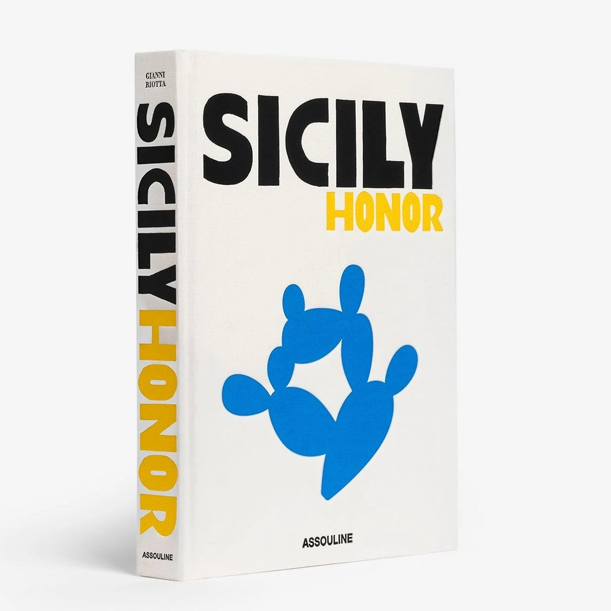 White linen hardcover book "Sicily Honor" with black, yellow, and blue text and a blue prickly pear design.
