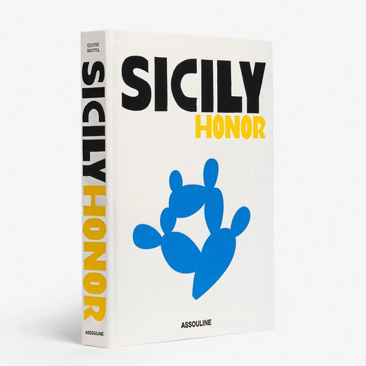 White linen hardcover book "Sicily Honor" with black, yellow, and blue text and a blue prickly pear design.