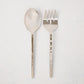Silver forged 2-piece serving set with hammered stainless steel spoon and fork.